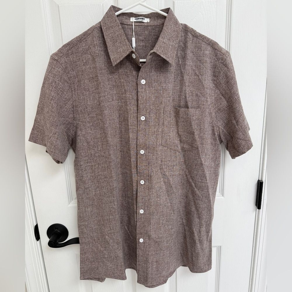 Coofandy NWT Linen Blend Brown Casual Button Down Shirt Men’s Size M